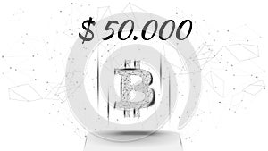 Bitcoin BTC polygonal cryptocurrency token symbol priced at 50000 dollars, coin icon on white background photo