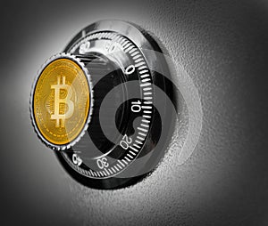 Bitcoin BTC safe steel box currency safety concept photo