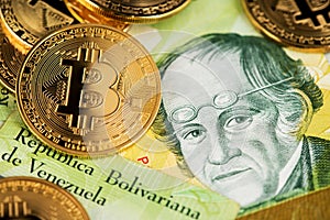 Bitcoin BTC and Venezuela money Bolivar VES banknotes.