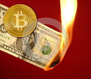 Bitcoin BTC versus dollar burning in fire photo