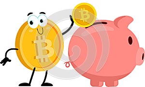 Bitcoin Cartoon Character Putting Coin In Piggy Bank