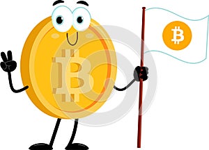 Bitcoin Cartoon Character Showing Victory Hand Sign And Waving Flag