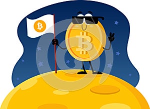 Bitcoin Cartoon Character Showing Victory Hand Sign And Waving Flag On The Moon