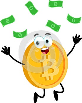 Bitcoin Cartoon Character Tossing Money Up In The Air