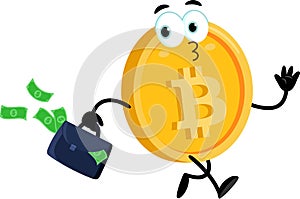 Bitcoin Cartoon Character Walking With Briefcase Full Of Money