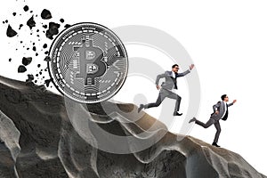 The bitcoin chasing businessman in cryptocurrency blockchain concept