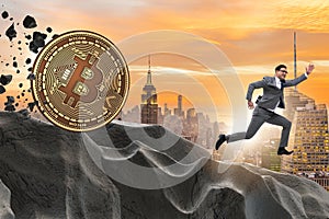 The bitcoin chasing businessman in cryptocurrency blockchain concept