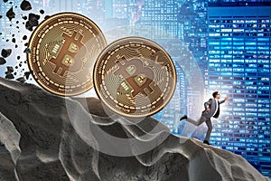 The bitcoin chasing businessman in cryptocurrency blockchain concept