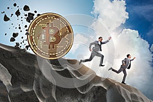 The bitcoin chasing businessman in cryptocurrency blockchain concept