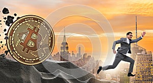 Bitcoin chasing businessman in cryptocurrency blockchain concept