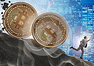 Bitcoin chasing businessman in cryptocurrency blockchain concept