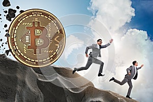 Bitcoin chasing businessman in cryptocurrency blockchain concept