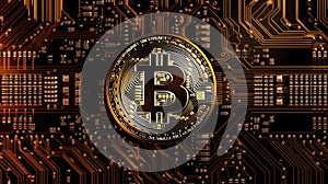 Bitcoin Circuit Board Background Gold Black. Generative AI photo