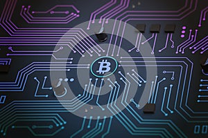 Bitcoin on circuit electronic board. Digital circuit blockchain network concept