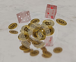 3d render of bitcoin and clear glass dice