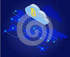 Bitcoin in cloud. Bitcoin mining isometric flat vector concept. Cloud technology. Virtual money. Flat 3d isometry