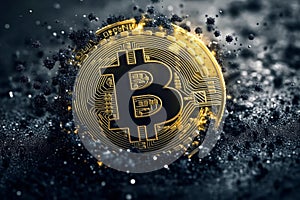 A bitcoin coin appears fragmented into digital particles, illustrating the concept of decentralization with vibrant visuals in a photo