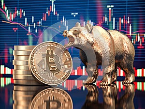Bitcoin coin with bear and stock chart. Bearish market crash of BTC photo
