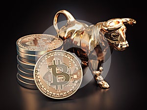 Bitcoin coin with bull on black background. Bullish market of BTC photo