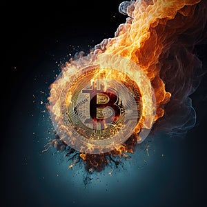 Bitcoin coin burning in flames on fire. Generative AI