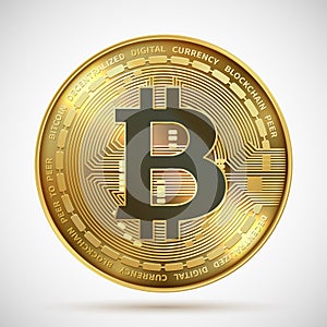 Bitcoin coin. Cryptocurrency golden money digital blockchain symbol isolated on white. Vector crypto coin