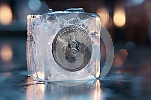 Bitcoin coin encased in ice, symbolizing frozen assets.