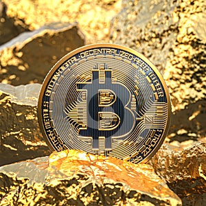 Bitcoin coin among gold nuggets