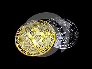 Bitcoin coin gold and silver color on black background, stack of bitcoin coin golden over bitcoin coin silver, cryptocurrency