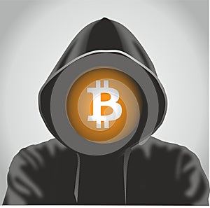 Bitcoin coin hacker, Stealing crypto hacking. Behind the block chain hard fork concept. Cryptocurrency symbol in with person illus