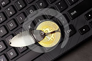 Bitcoin coin on a hook over the keyboard. Concept catching money, money scam, cryptology scam
