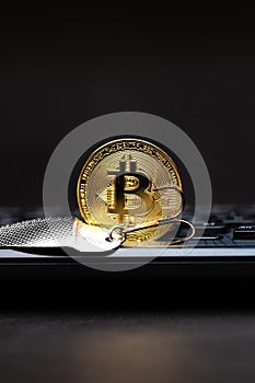 Bitcoin coin on a hook over the keyboard. Cryptology scam concept