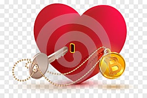 Bitcoin coin key to heart. Conceptual drawing symbol love red heart shape