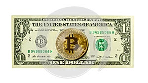 Bitcoin coin and one dollar banknote isolated