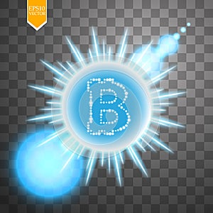 Bitcoin coin over blue explosion background with glitters stars and sparkles and neon glare on transparent background