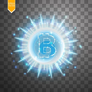 Bitcoin coin over explosion background with blue glitters stars and sparkles on transparent background