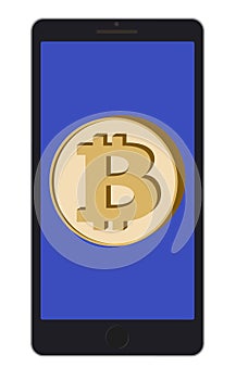 Bitcoin coin on a phone screen on white background