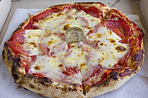 Bitcoin coin on pizza background, cryptocurrency rate concept