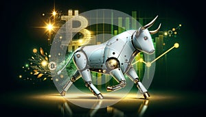 Bitcoin coin with silver robot bull and stock chart on digital background. Bullish market of BTC