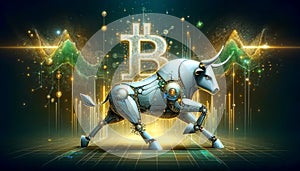 Bitcoin coin with silver robot bull and stock chart on digital background. Bullish market of BTC