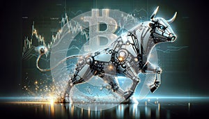 Bitcoin coin with silver robot bull and stock chart isolated on black. Bullish market of BTC