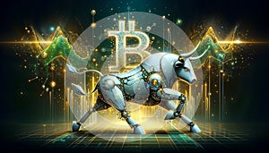 Bitcoin coin with silver robot bull and stock chart isolated on black. Bullish market of BTC