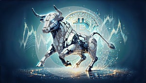 Bitcoin coin with silver robot bull and stock chart isolated on black. Bullish market of BTC