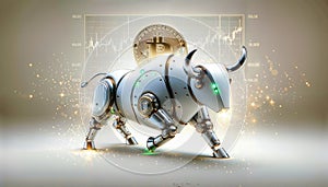 Bitcoin coin with silver robot bull and stock chart isolated on white. Bullish market of BTC