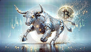 Bitcoin coin with silver robot bull and stock chart isolated on white. Bullish market of BTC