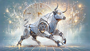 Bitcoin coin with silver robot bull and stock chart isolated on white. Bullish market of BTC