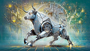 Bitcoin coin with silver robot bull and stock chart isolated on white. Bullish market of BTC