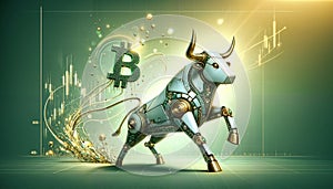 Bitcoin coin with silver robot bull, stock chart on light background. Bullish market of BTC