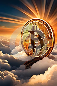 Bitcoin coin on the sky