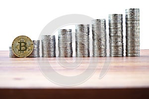 Bitcoin with coin stacks on wood table with white background