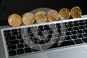Bitcoin coin symbol on laptop future concept financial currency crypto currency sign